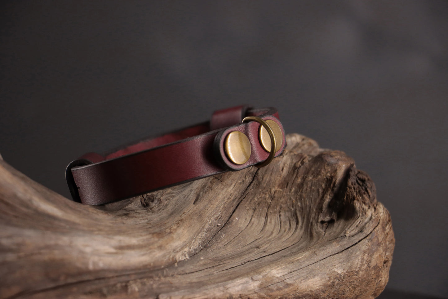 Top angle of oxblood leather cat collar highlighting curved shape and hardware.