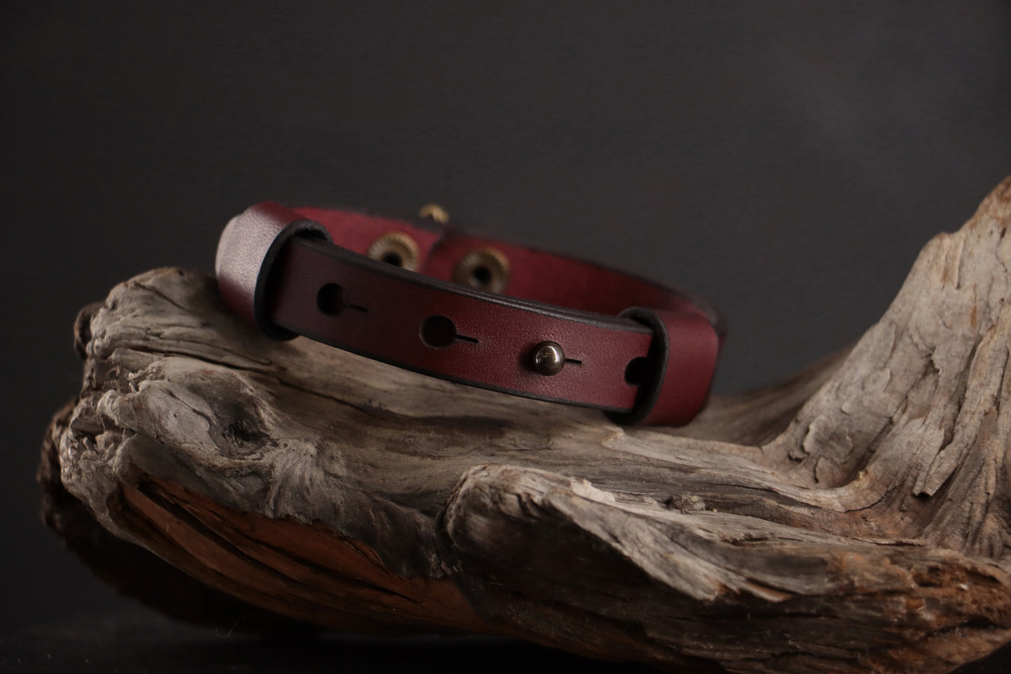 Back of oxblood leather cat collar showing adjustable snap sizing system.