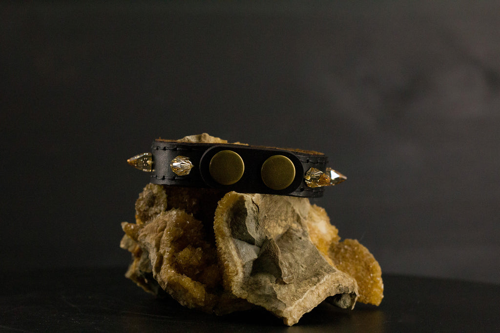 Simply Breakaway Champagne Crystal Spike Collar - Black with Brown Lining & Black Stitching