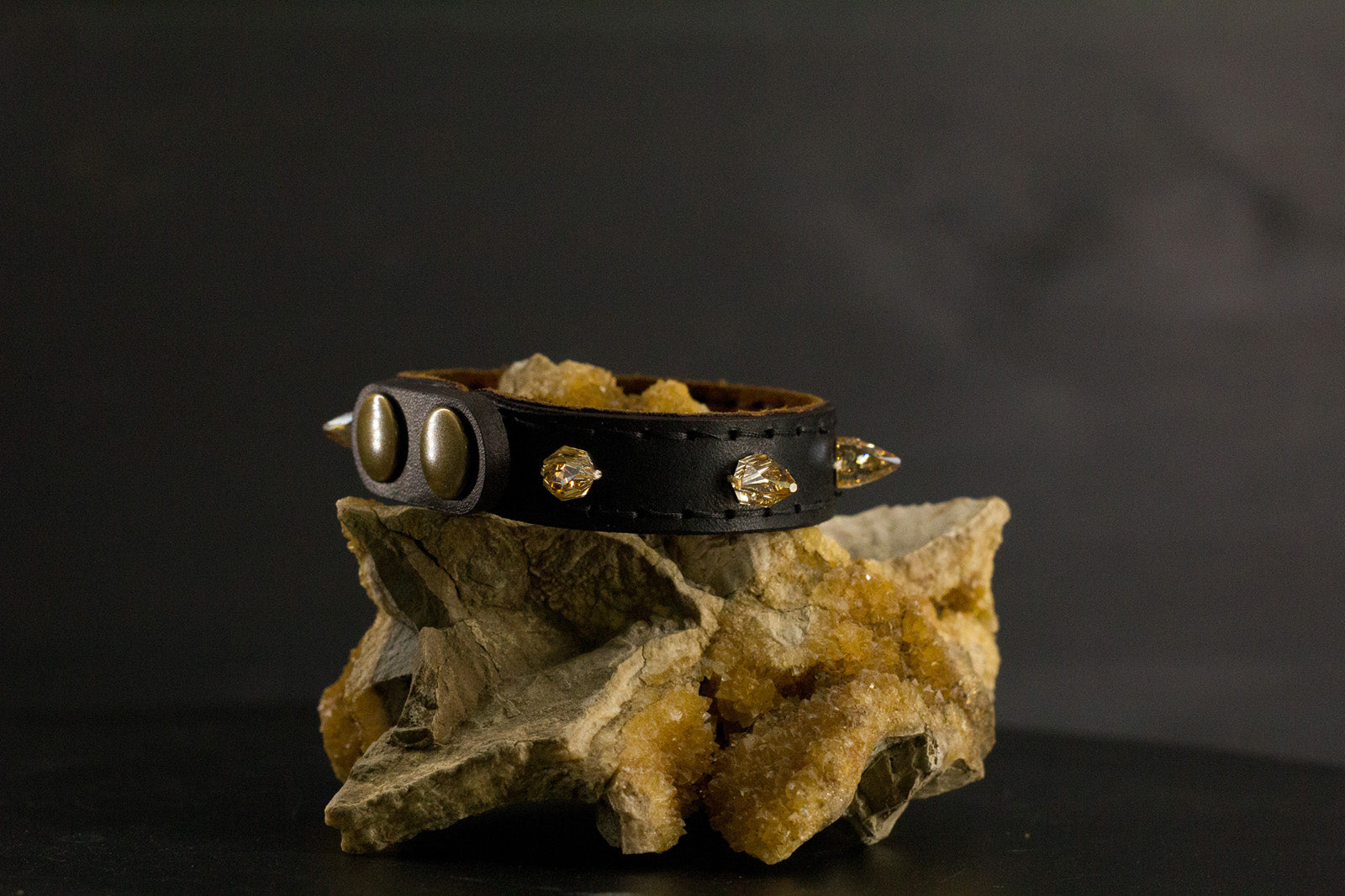 Simply Breakaway Champagne Crystal Spike Collar - Black with Brown Lining & Black Stitching
