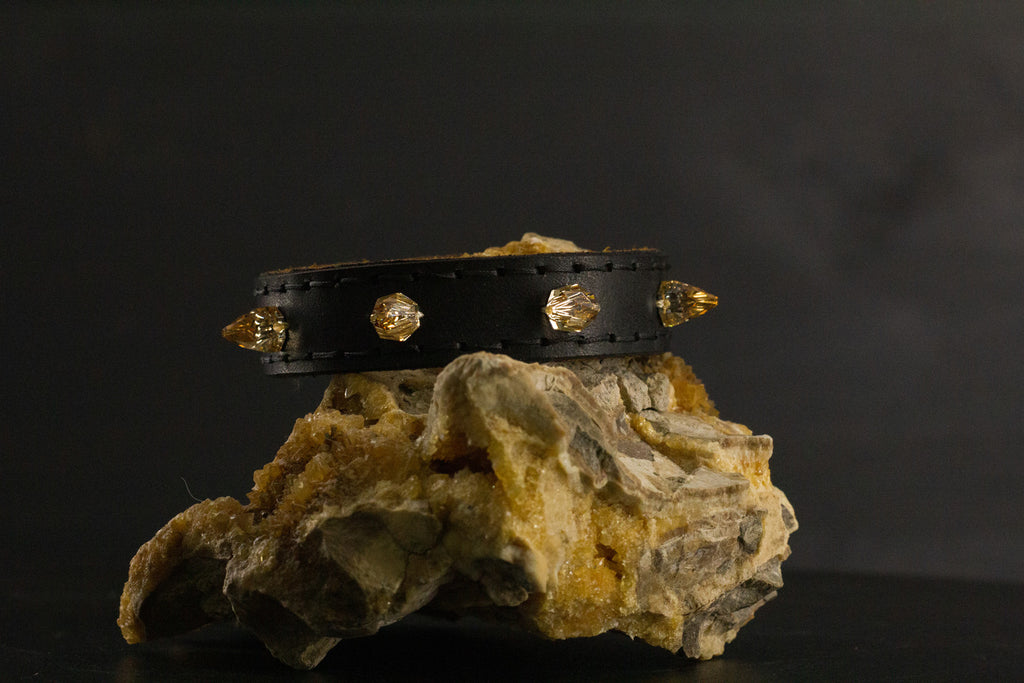 Simply Breakaway Champagne Crystal Spike Collar - Black with Brown Lining & Black Stitching