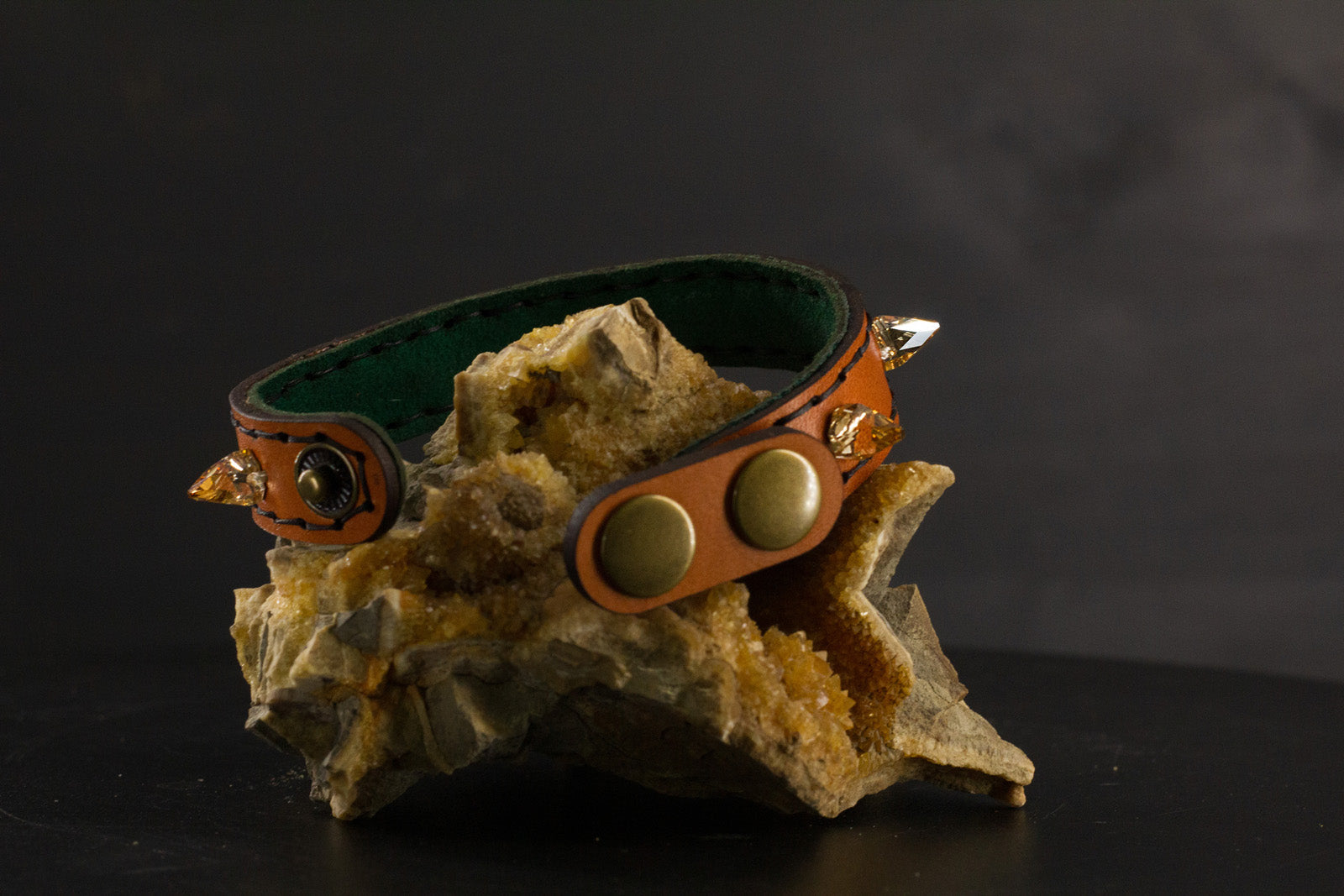 Simply Breakaway Champagne Crystal Spike Collar - Cognac with Green Lining & Black Stitching