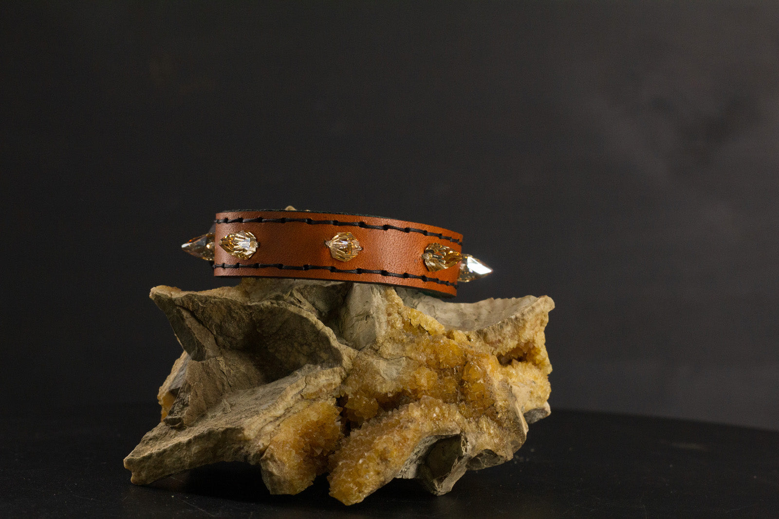 Simply Breakaway Champagne Crystal Spike Collar - Cognac with Green Lining & Black Stitching