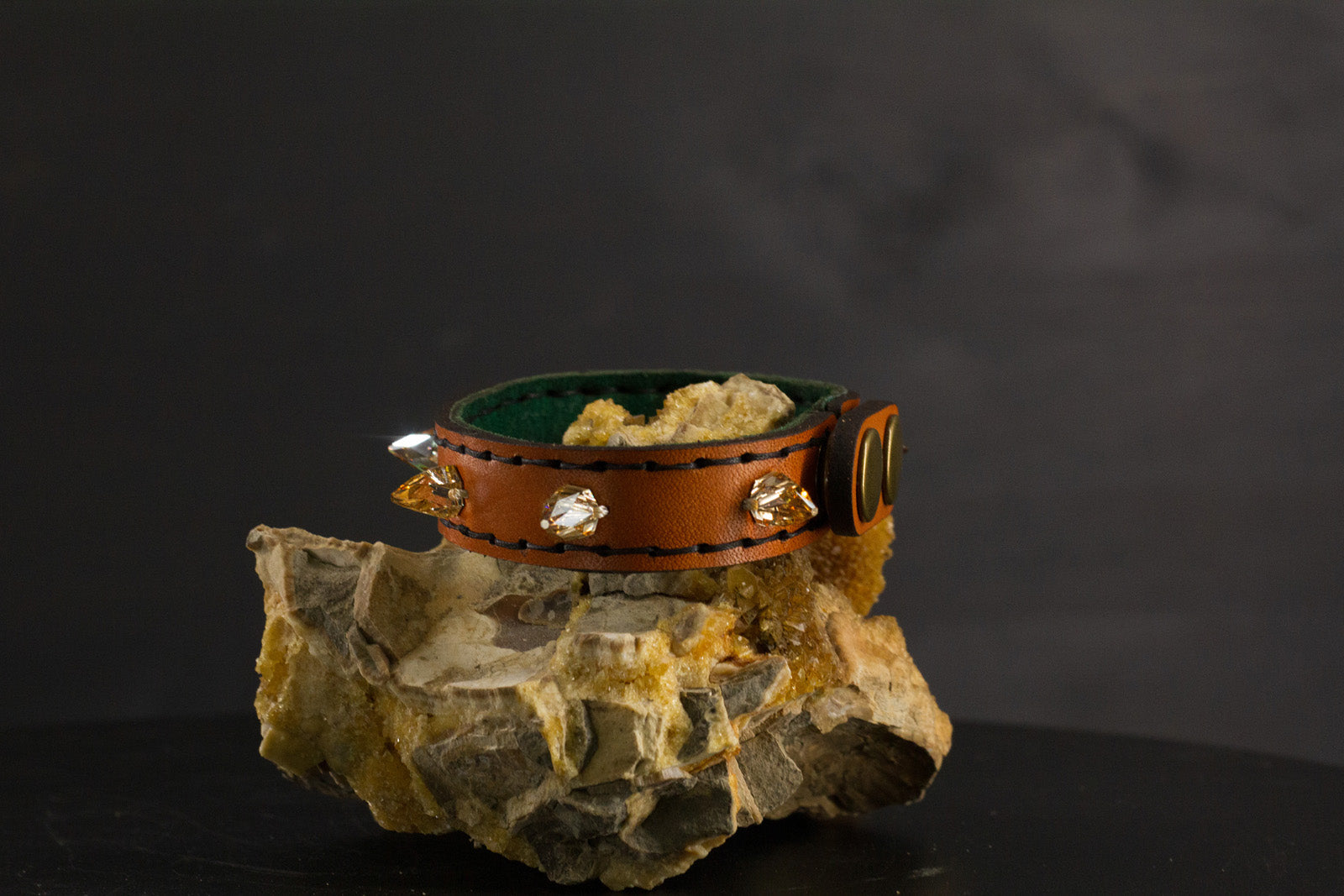 Simply Breakaway Champagne Crystal Spike Collar - Cognac with Green Lining & Black Stitching