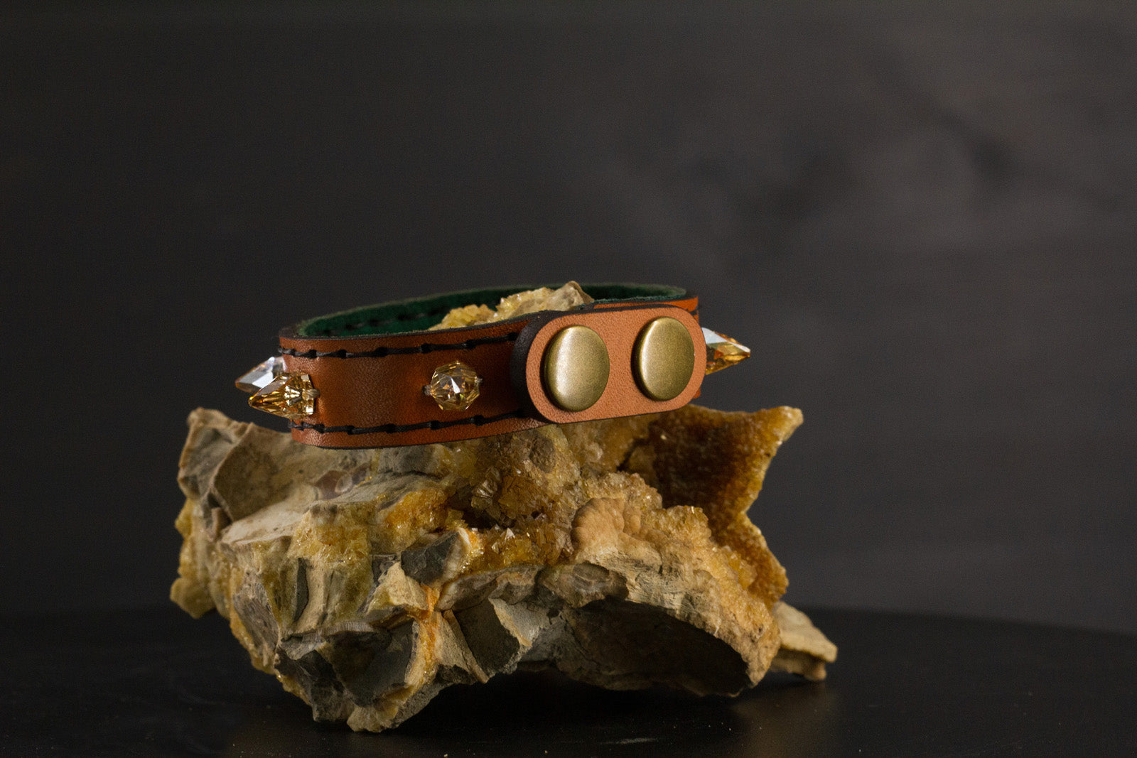 Simply Breakaway Champagne Crystal Spike Collar - Cognac with Green Lining & Black Stitching