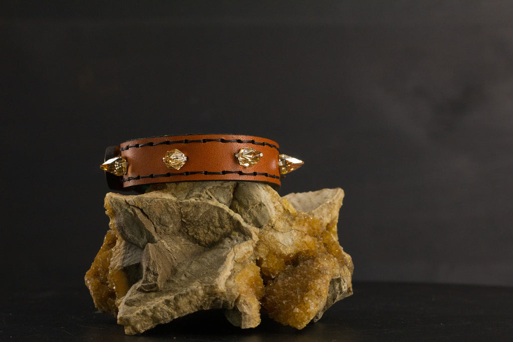 Simply Breakaway Champagne Crystal Spike Collar - Cognac with Green Lining & Black Stitching