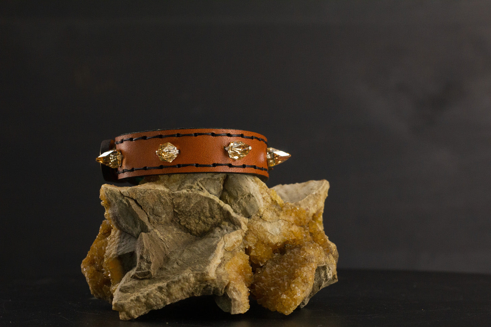 Simply Breakaway Champagne Crystal Spike Collar - Cognac with Green Lining & Black Stitching