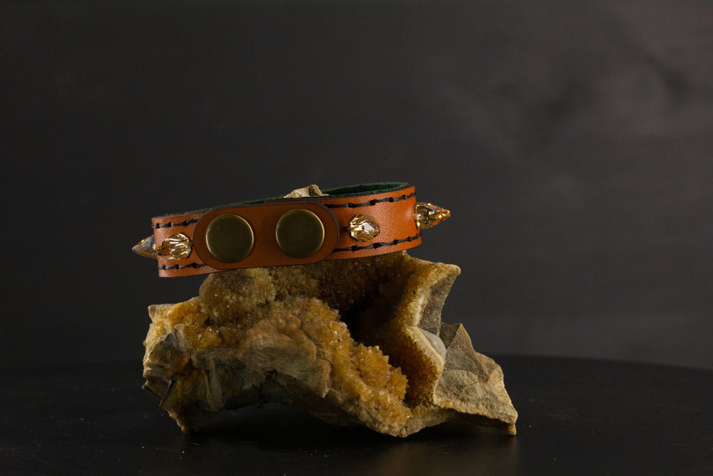 Simply Breakaway Champagne Crystal Spike Collar - Cognac with Green Lining & Black Stitching