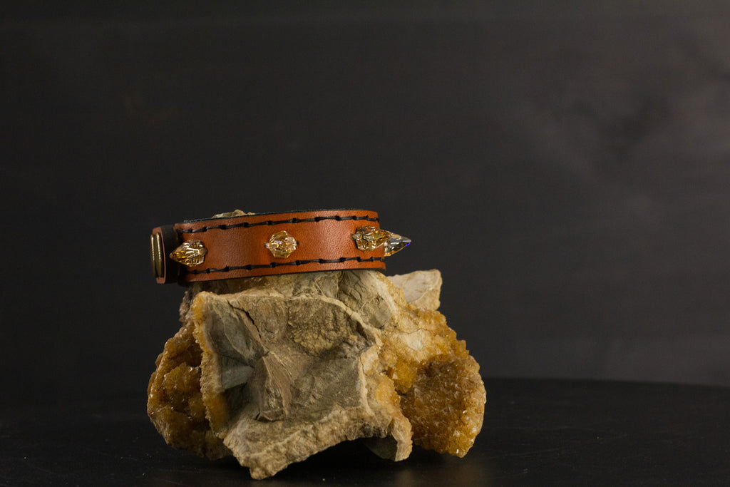 Simply Breakaway Champagne Crystal Spike Collar - Cognac with Green Lining & Black Stitching