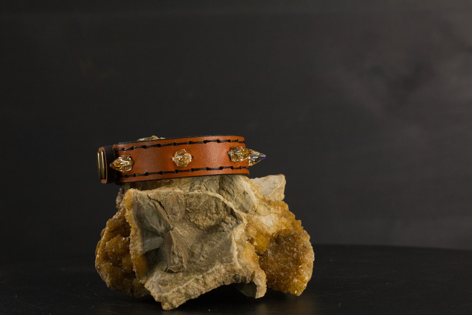 Simply Breakaway Champagne Crystal Spike Collar - Cognac with Green Lining & Black Stitching