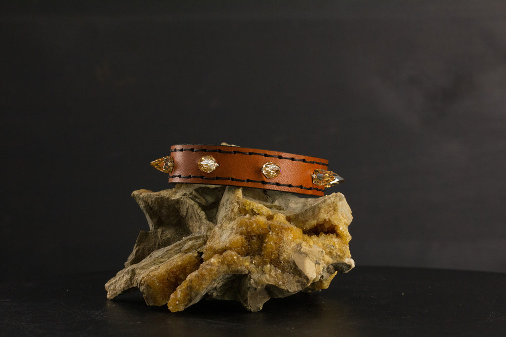 Simply Breakaway Champagne Crystal Spike Collar - Cognac with Green Lining & Black Stitching