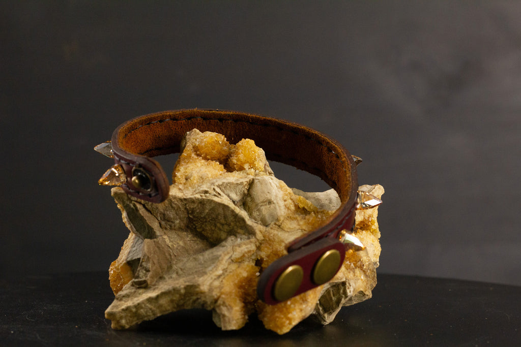 Simply Breakaway Champagne Crystal Spike Collar - Oxblood with Brown Lining & Black Stitching