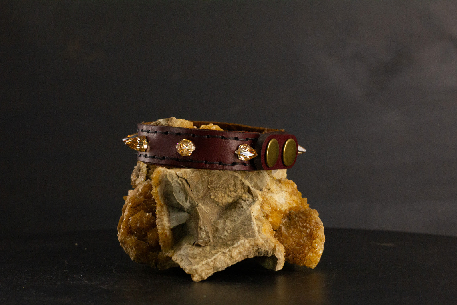 Simply Breakaway Champagne Crystal Spike Collar - Oxblood with Brown Lining & Black Stitching