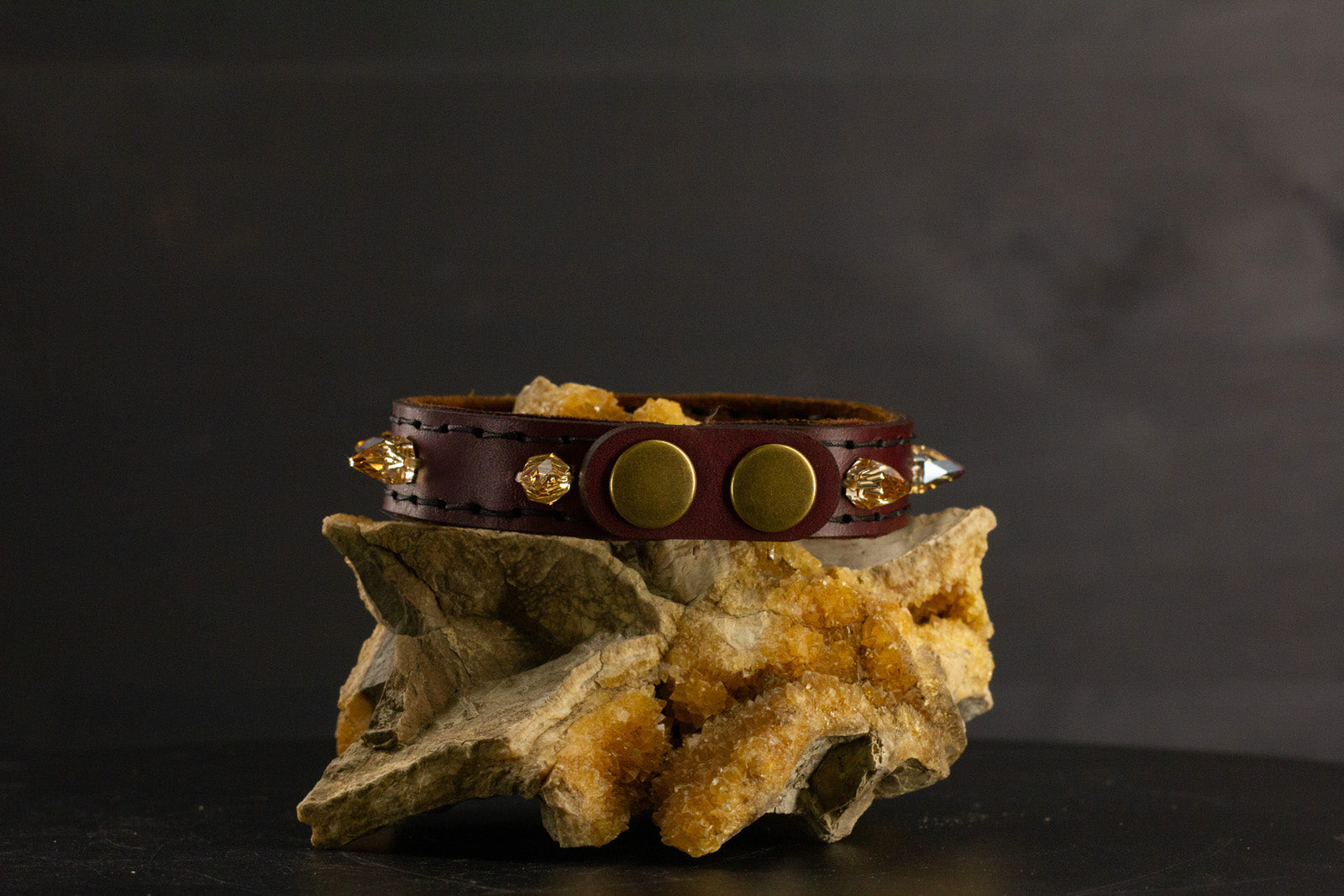 Simply Breakaway Champagne Crystal Spike Collar - Oxblood with Brown Lining & Black Stitching