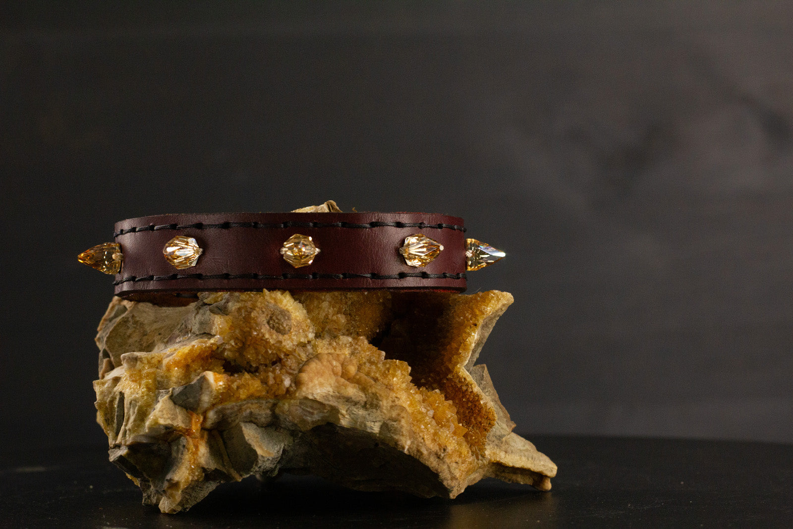 Simply Breakaway Champagne Crystal Spike Collar - Oxblood with Brown Lining & Black Stitching