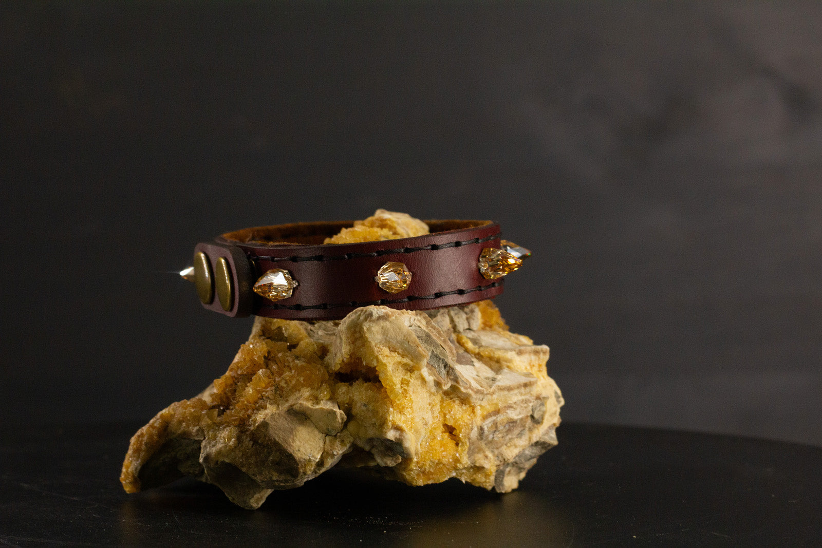 Simply Breakaway Champagne Crystal Spike Collar - Oxblood with Brown Lining & Black Stitching