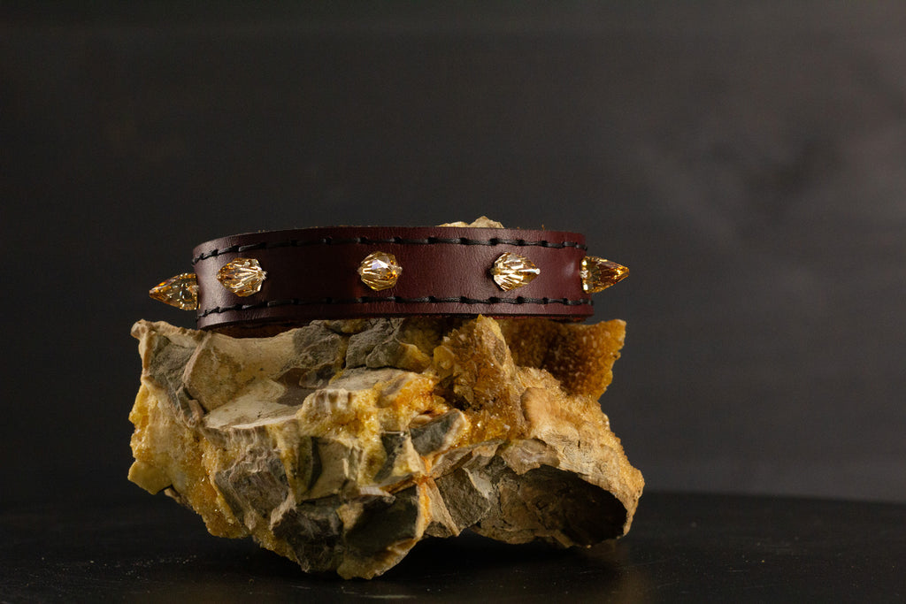 Simply Breakaway Champagne Crystal Spike Collar - Oxblood with Brown Lining & Black Stitching