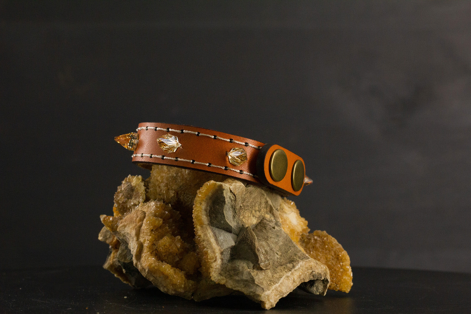 Simply Breakaway Champagne Crystal Spike Collar - Cognac with Brown Lining & Cream Stitching
