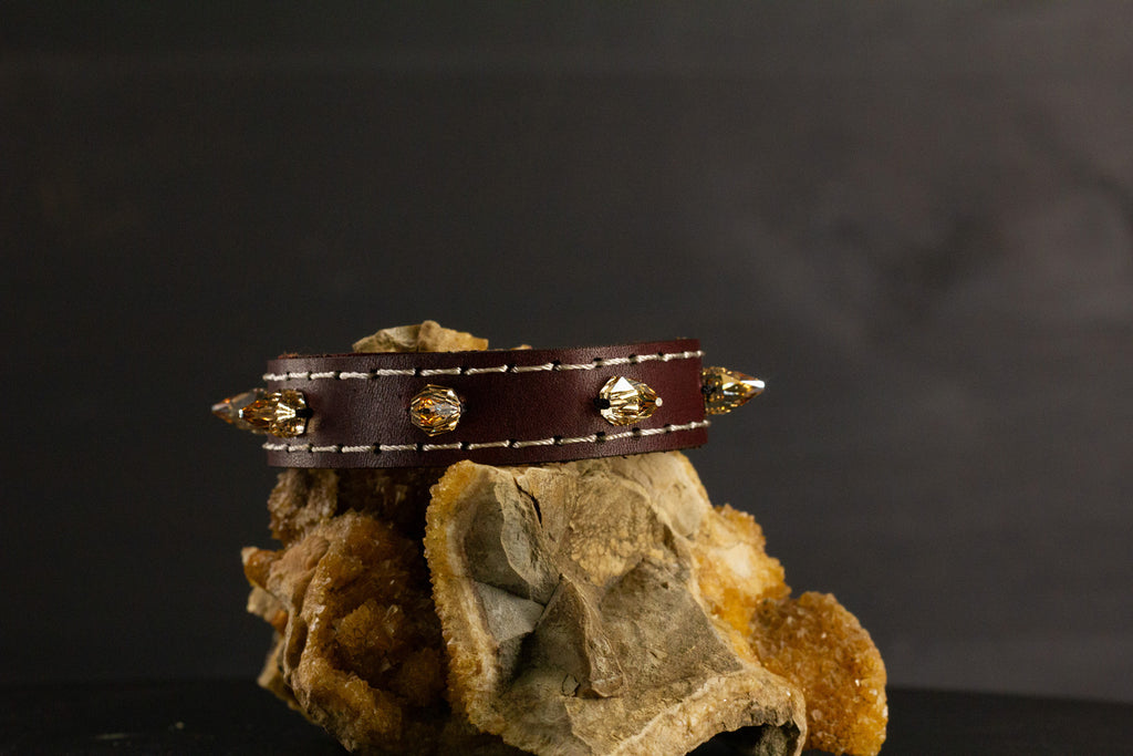 Simply Breakaway Champagne Crystal Spike Collar - Oxblood with Brown Lining & Cream Stitching