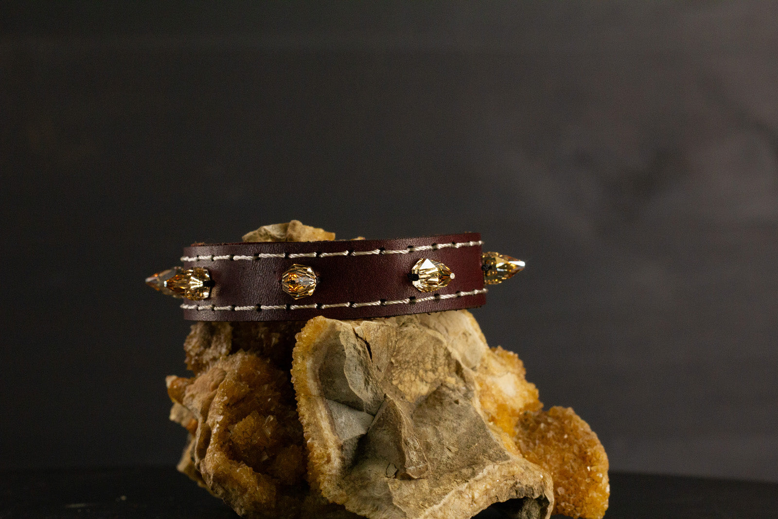 Simply Breakaway Champagne Crystal Spike Collar - Oxblood with Brown Lining & Cream Stitching