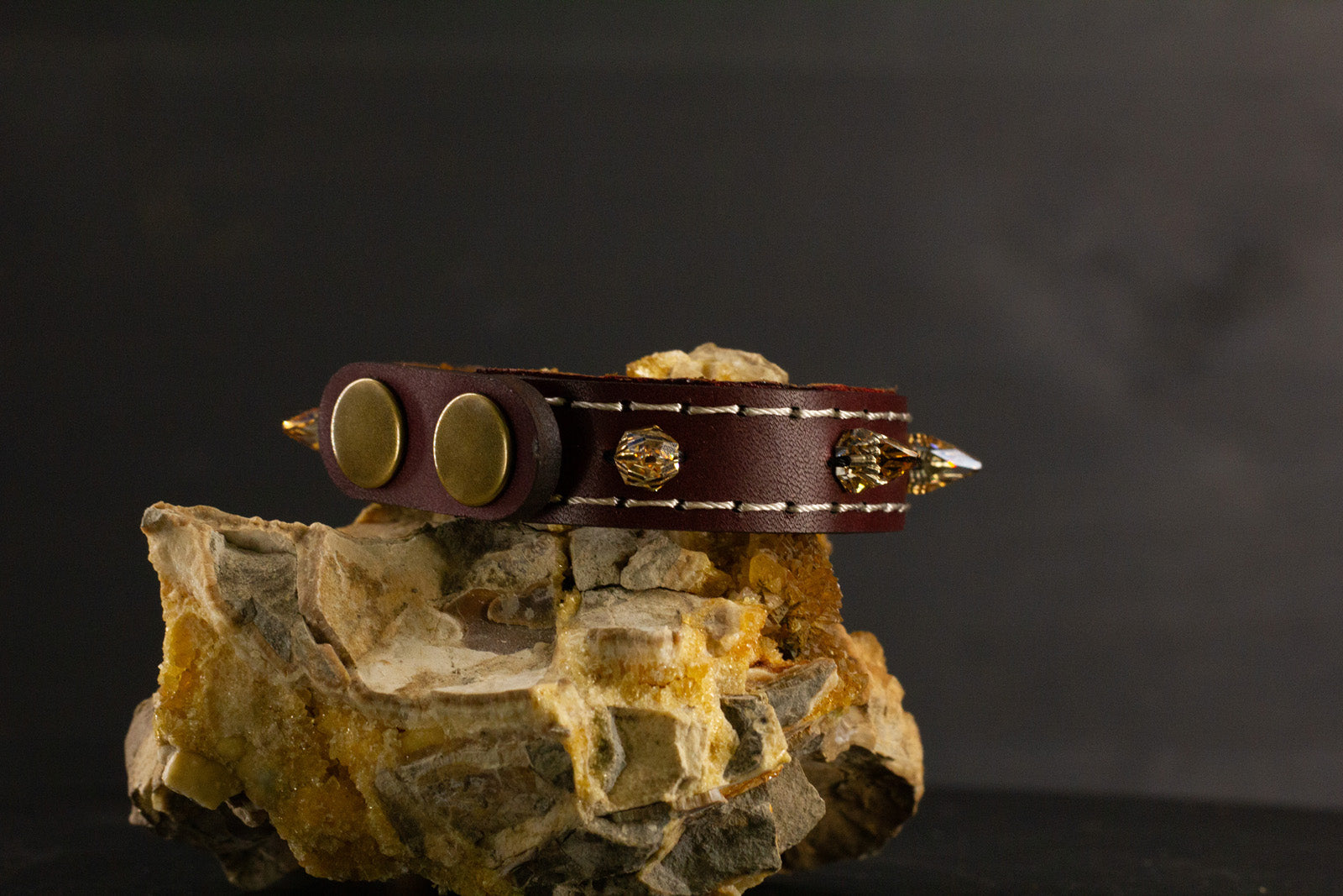 Simply Breakaway Champagne Crystal Spike Collar - Oxblood with Brown Lining & Cream Stitching