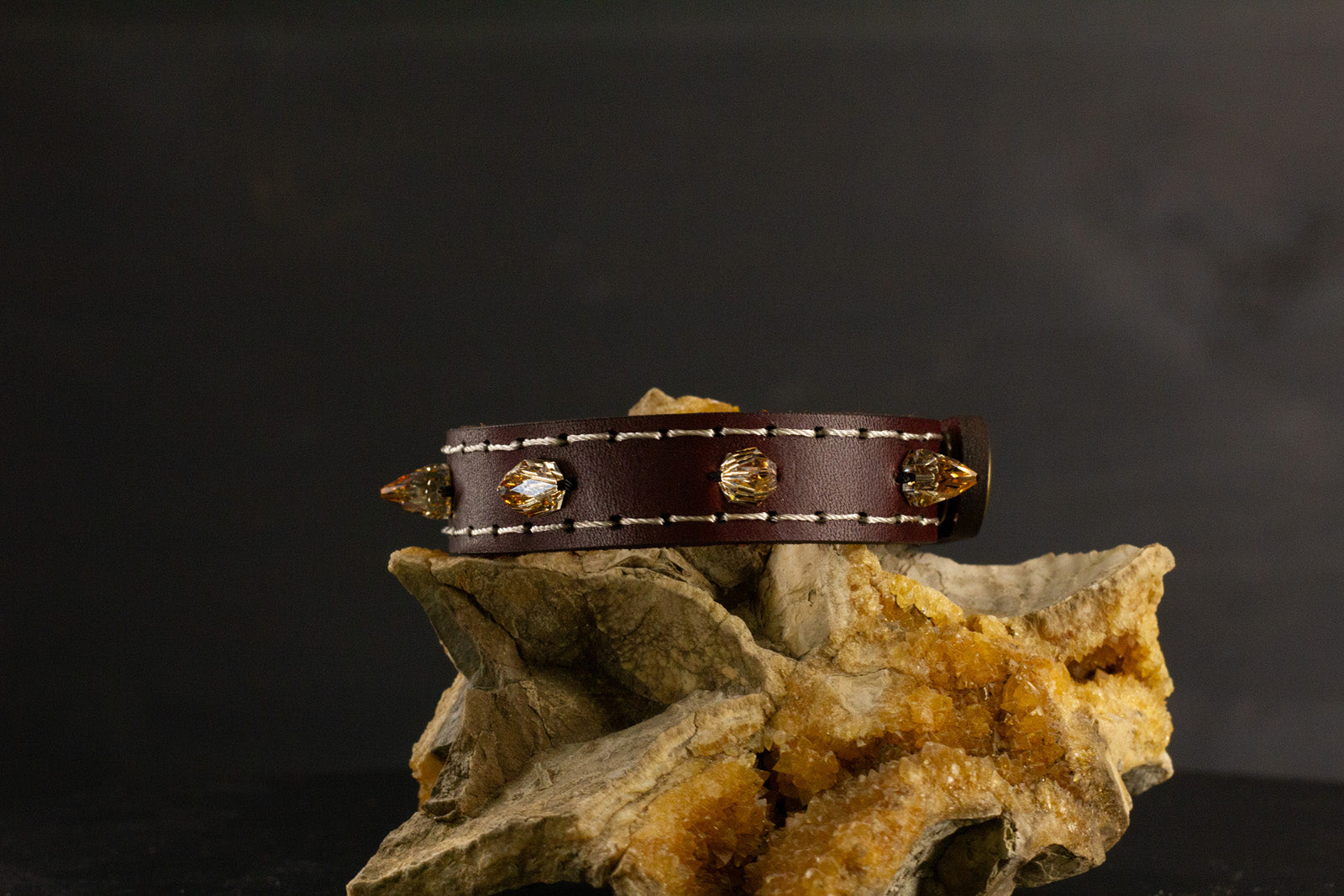 Simply Breakaway Champagne Crystal Spike Collar - Oxblood with Brown Lining & Cream Stitching
