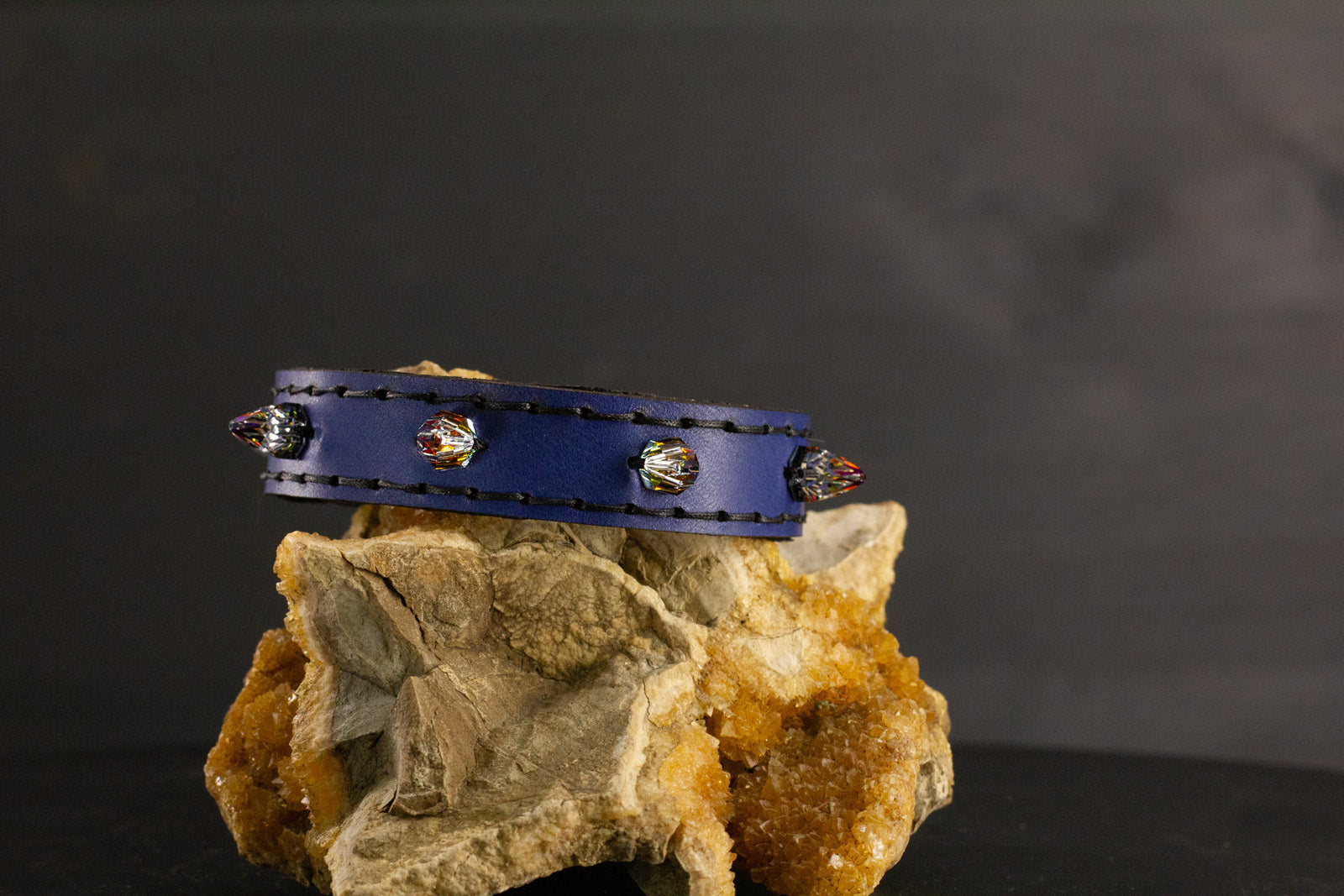 Simply Breakaway Rainbow Crystal Spike Collar - Cobalt with Black Lining & Black Stitching
