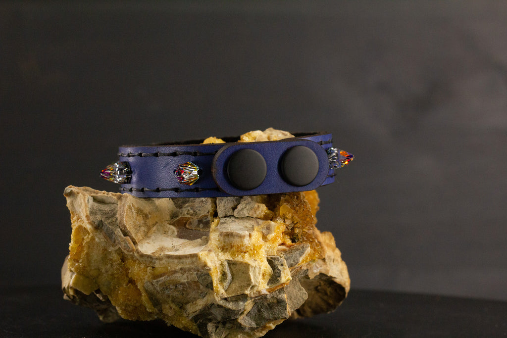 Simply Breakaway Rainbow Crystal Spike Collar - Cobalt with Black Lining & Black Stitching