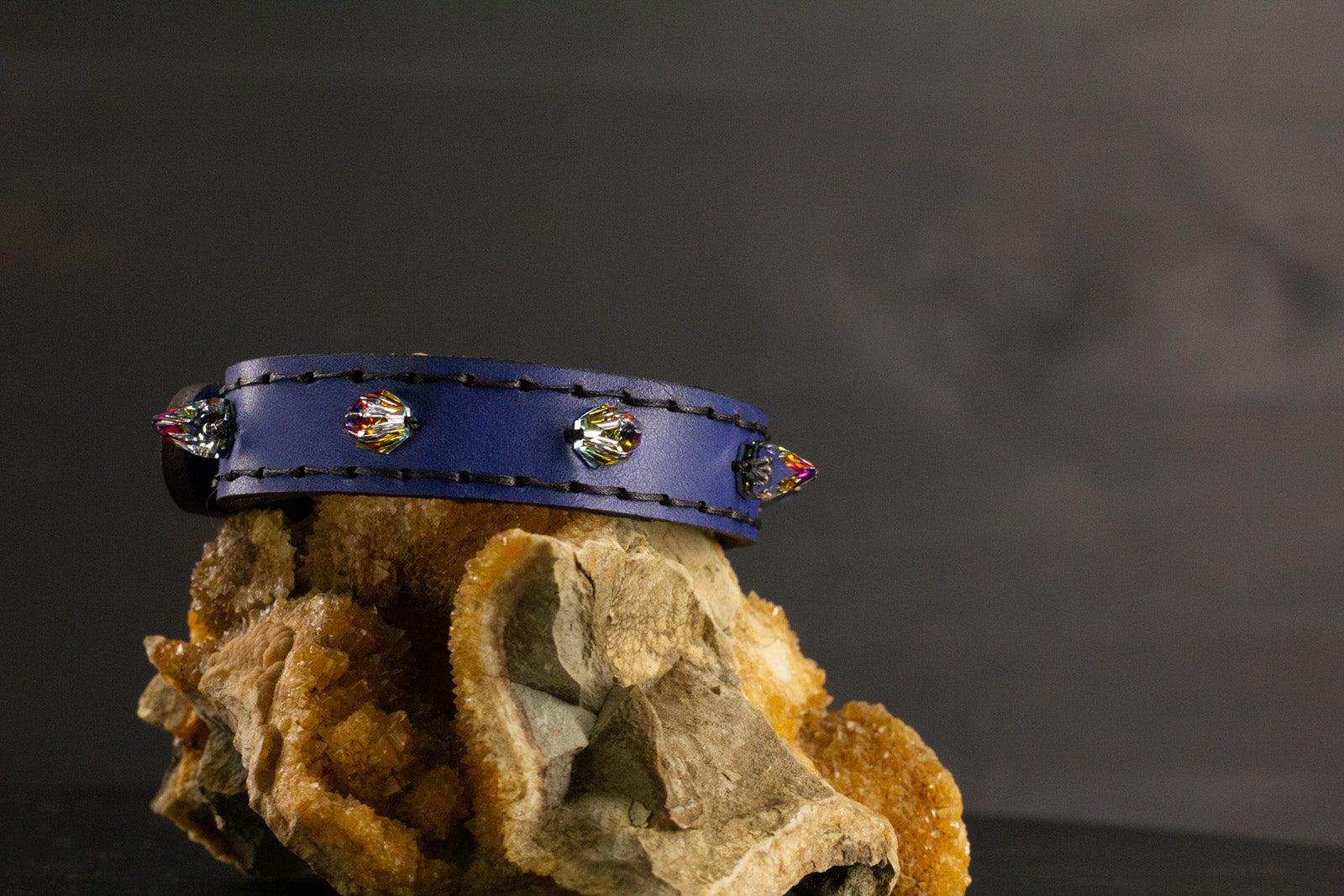 Simply Breakaway Rainbow Crystal Spike Collar - Cobalt with Black Lining & Black Stitching