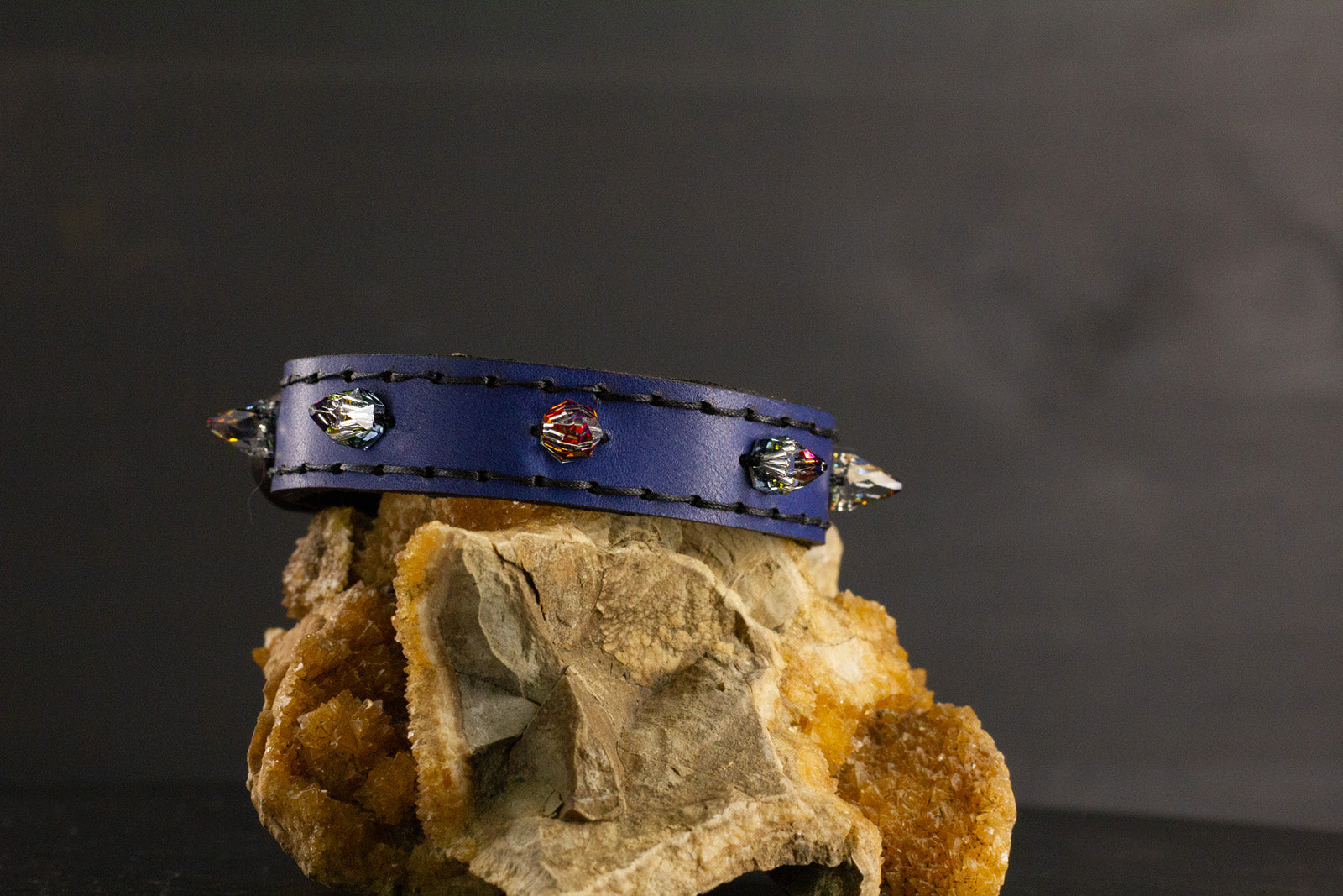 Simply Breakaway Rainbow Crystal Spike Collar - Cobalt with Black Lining & Black Stitching