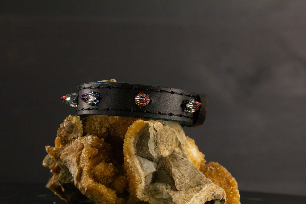 Simply Breakaway Rainbow Crystal Spike Collar - Black with Blue Lining & Black Stitching