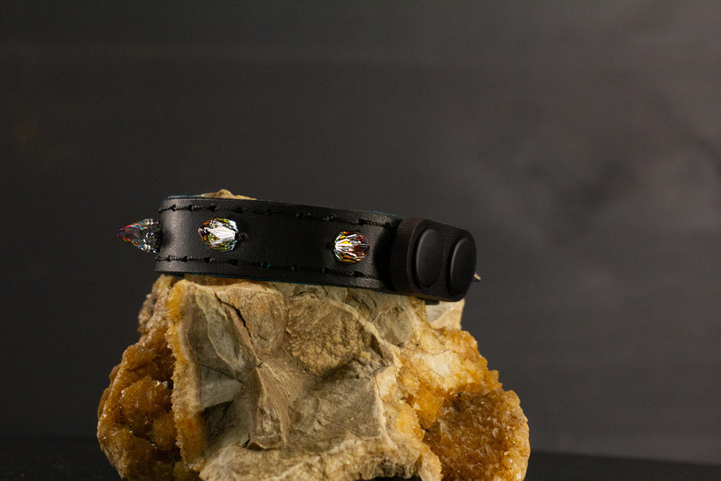 Simply Breakaway Rainbow Crystal Spike Collar - Black with Blue Lining & Black Stitching