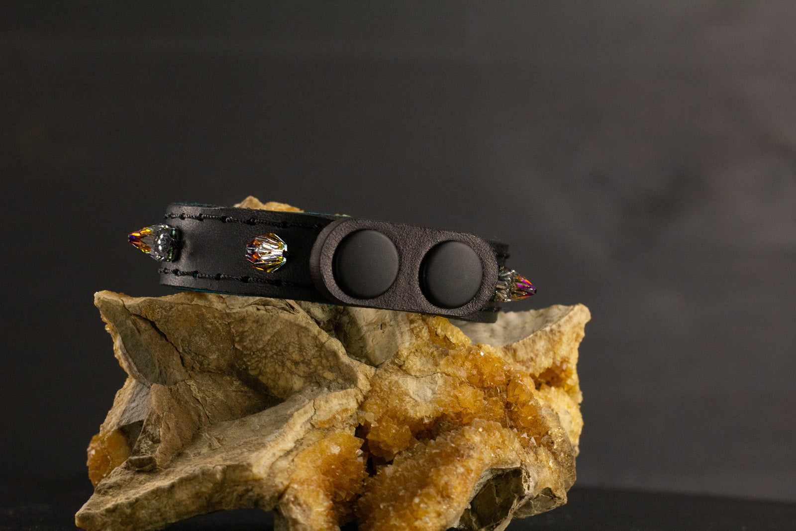 Simply Breakaway Rainbow Crystal Spike Collar - Black with Blue Lining & Black Stitching