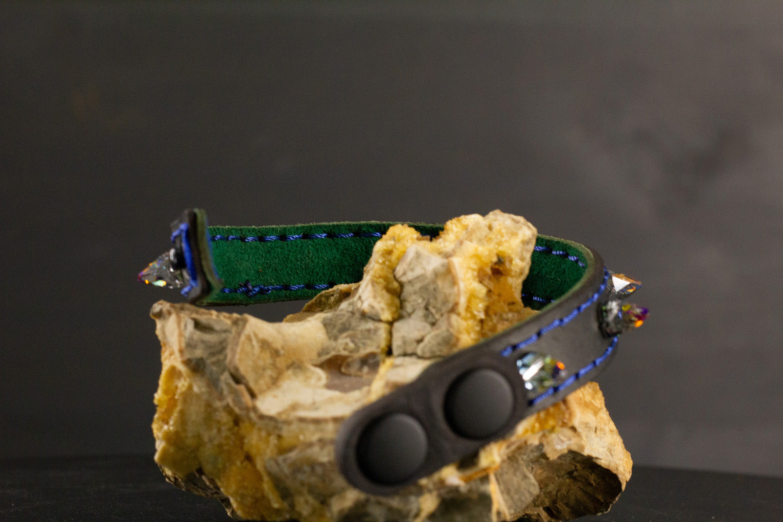 Simply Breakaway Rainbow Crystal Spike Collar - Black with Green Lining & Blue Stitching