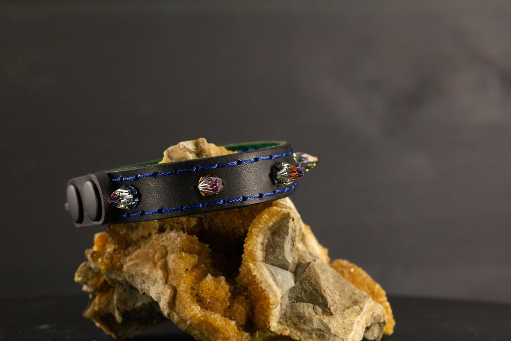 Simply Breakaway Rainbow Crystal Spike Collar - Black with Green Lining & Blue Stitching