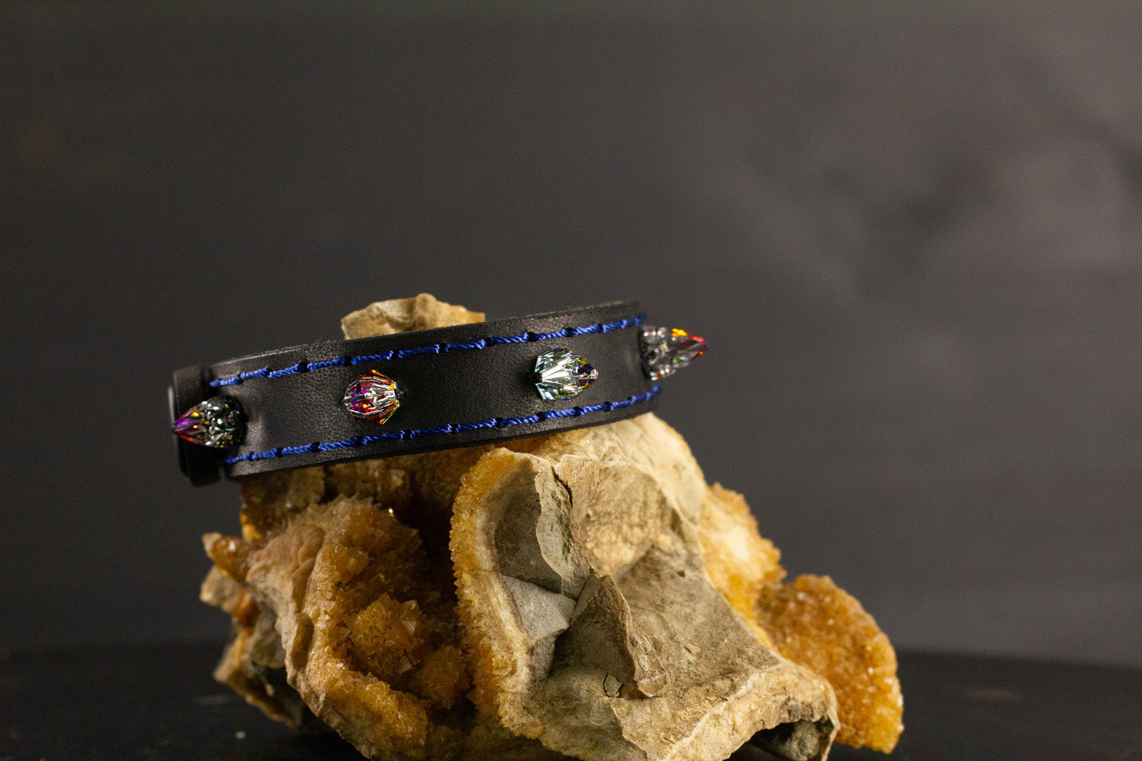 Simply Breakaway Rainbow Crystal Spike Collar - Black with Green Lining & Blue Stitching