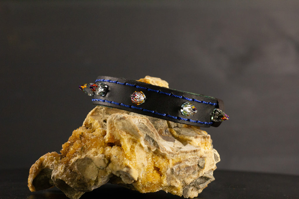 Simply Breakaway Rainbow Crystal Spike Collar - Black with Green Lining & Blue Stitching