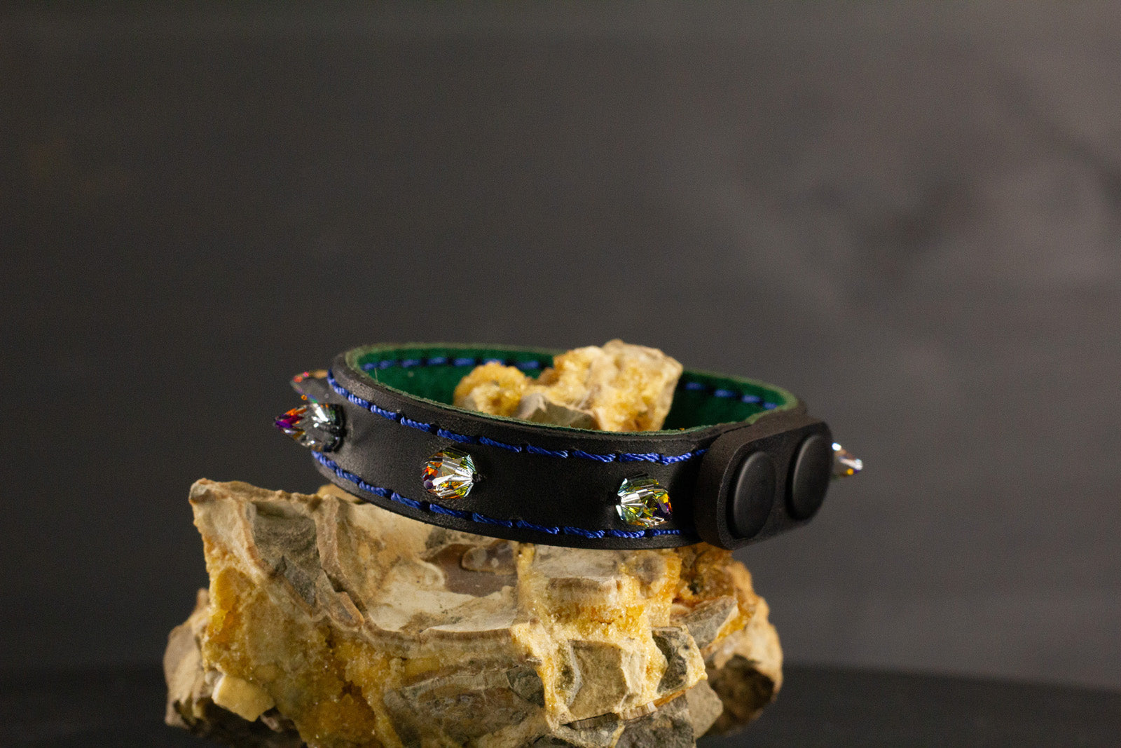 Simply Breakaway Rainbow Crystal Spike Collar - Black with Green Lining & Blue Stitching