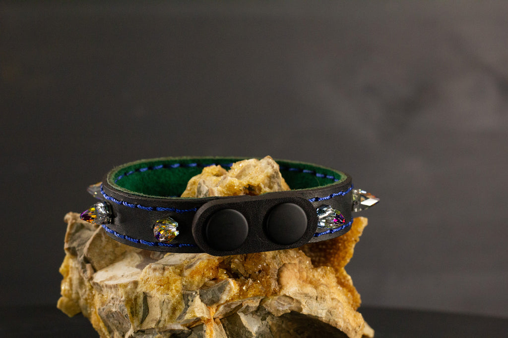 Simply Breakaway Rainbow Crystal Spike Collar - Black with Green Lining & Blue Stitching