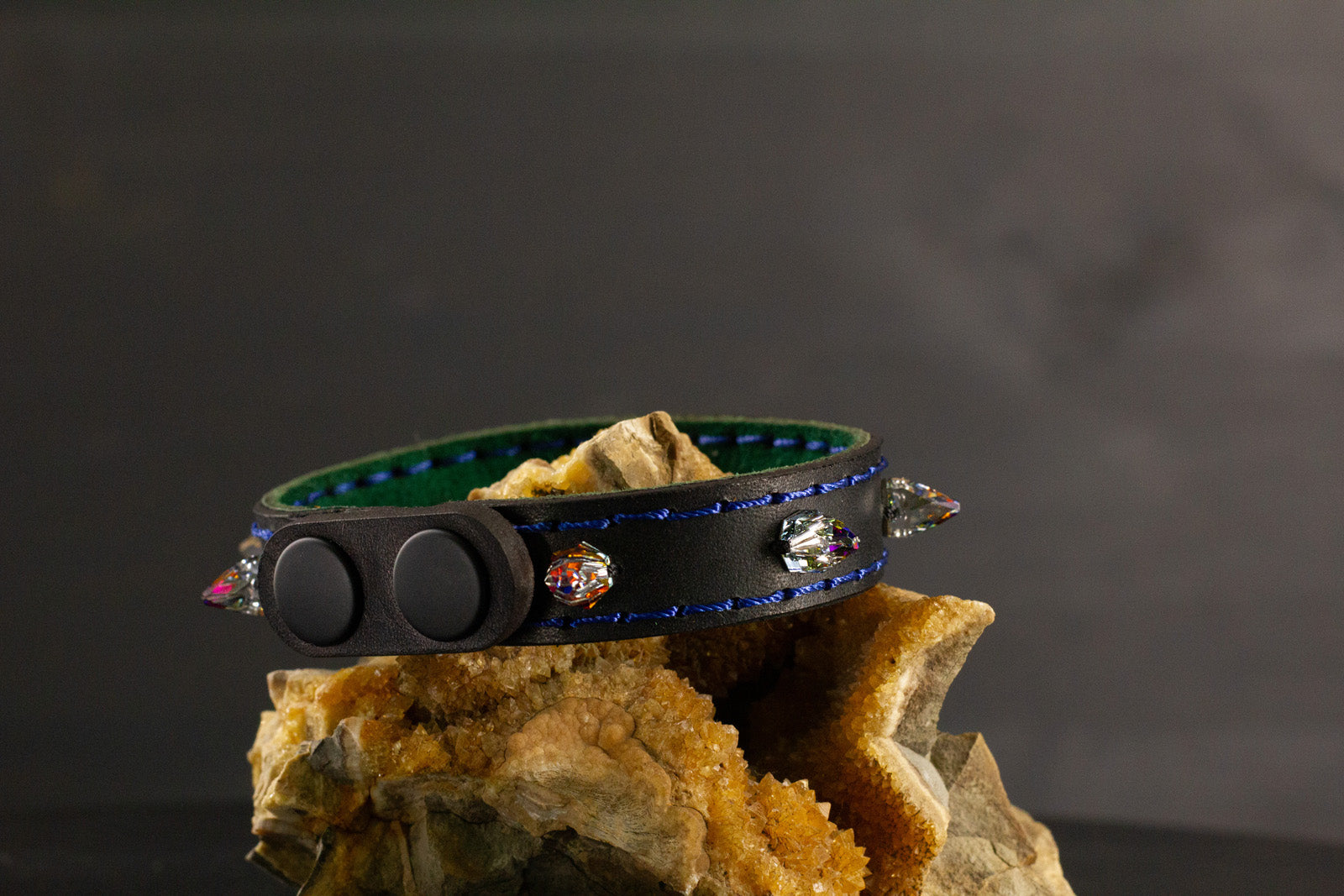 Simply Breakaway Rainbow Crystal Spike Collar - Black with Green Lining & Blue Stitching