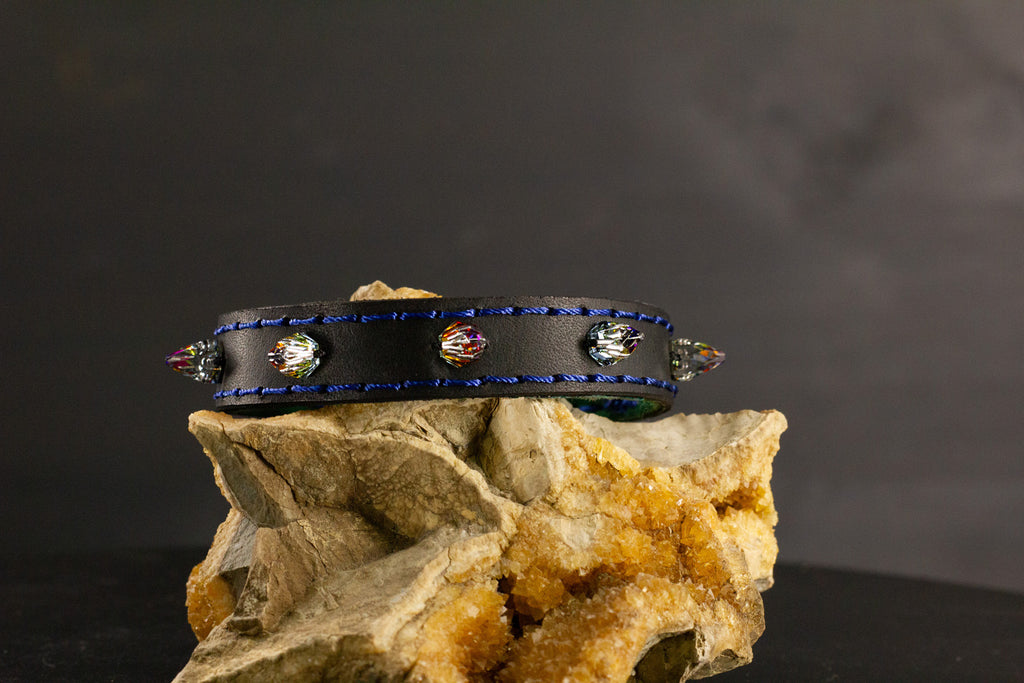 Simply Breakaway Rainbow Crystal Spike Collar - Black with Green Lining & Blue Stitching
