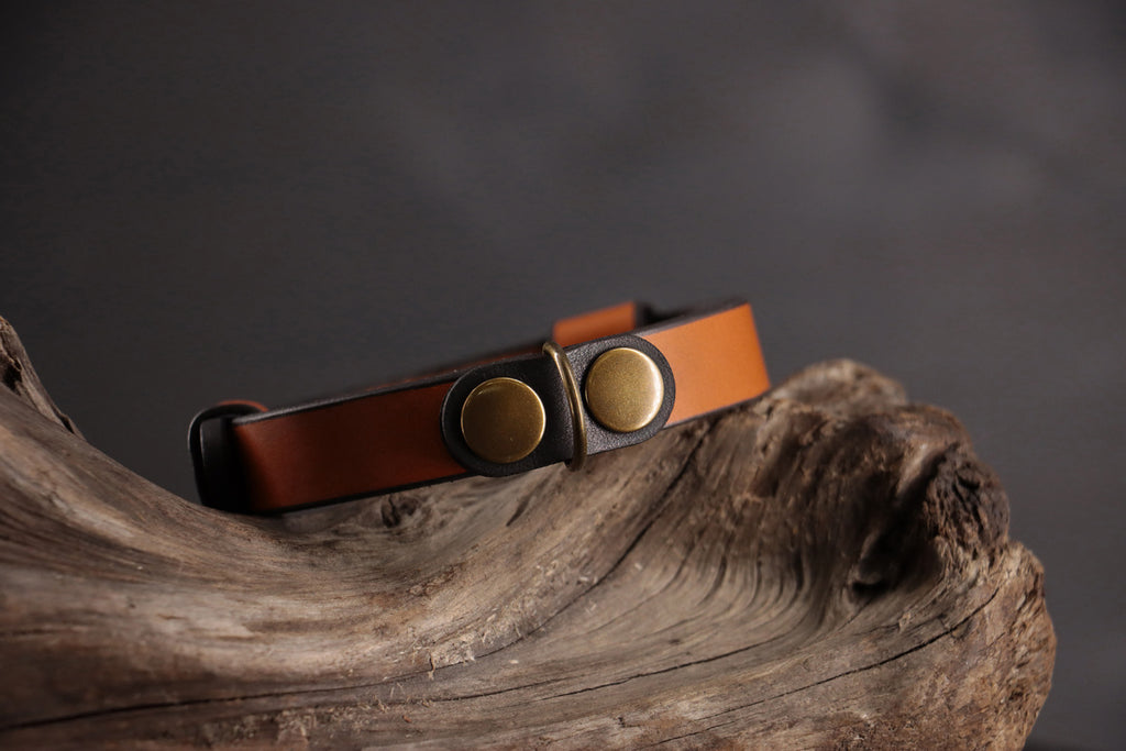 Black leather cat DI charm snapped onto cognac leather collar with bronze hardware.