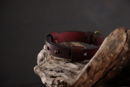 Back of oxblood leather cat collar showing adjustable sizing system.