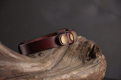 Top angle of oxblood leather cat collar highlighting curved shape and hardware.