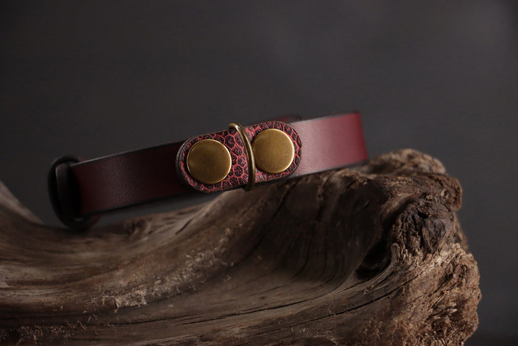 Red ostrich leather charm snapped onto oxblood leather collar.