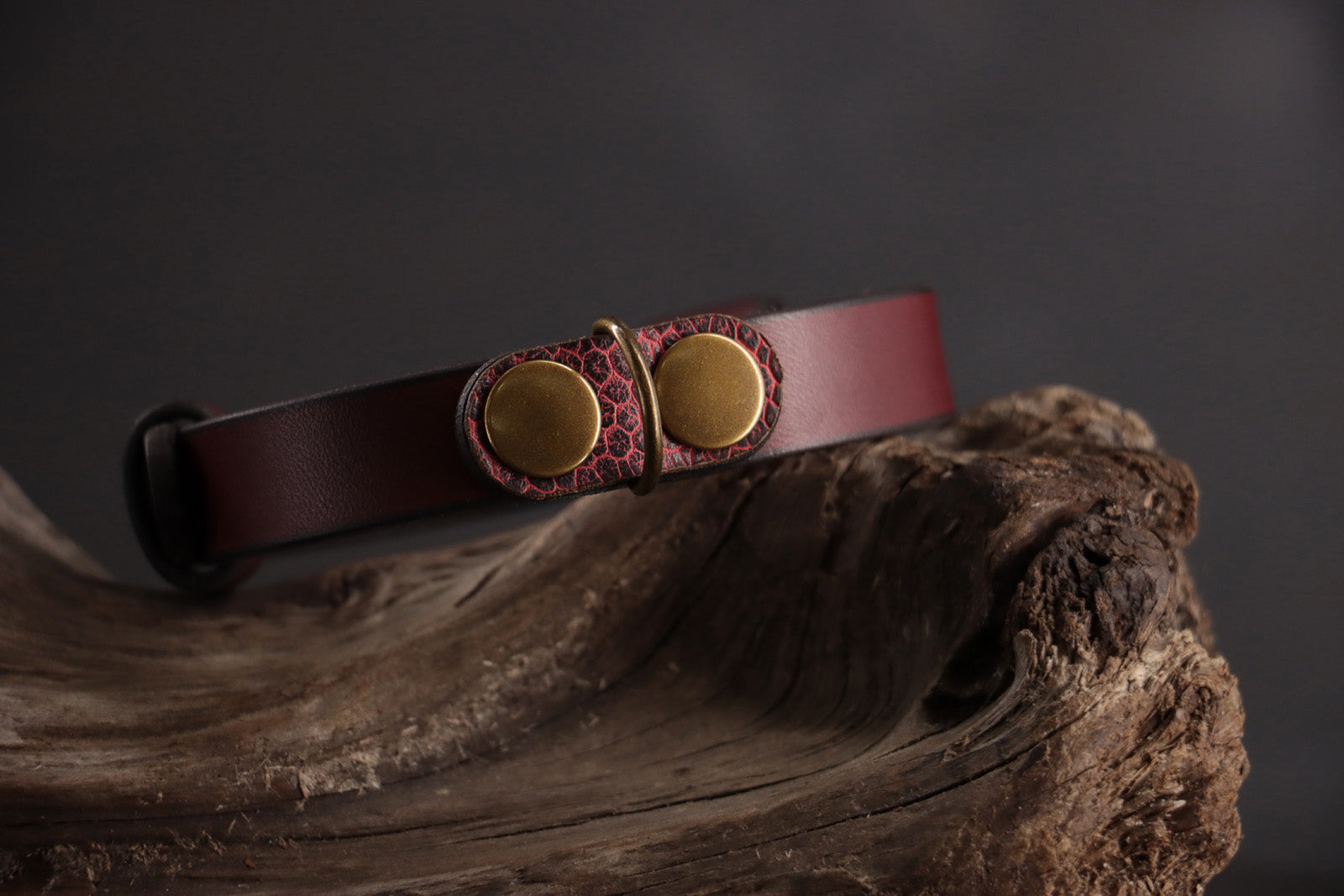 Red ostrich leather charm snapped onto oxblood leather collar.