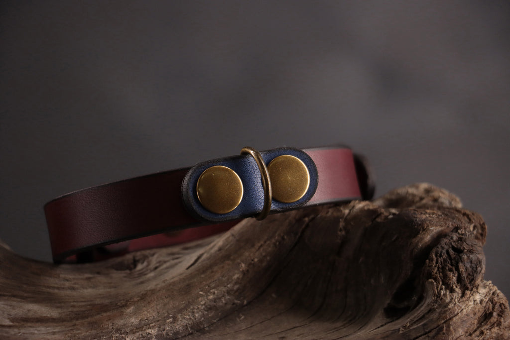 Cobalt ID tag charm snapped onto oxblood leather collar with bronze hardware.