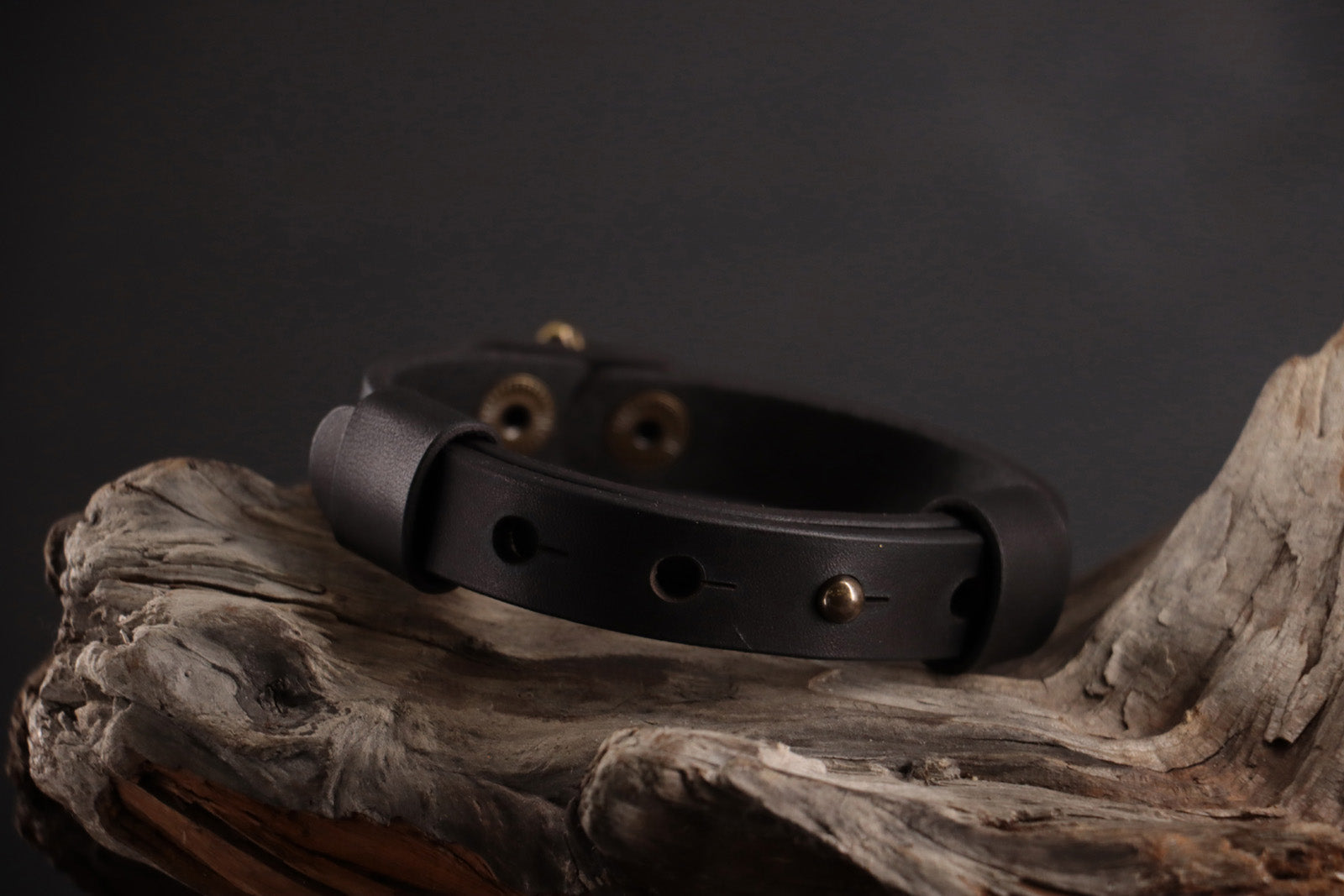 Back of black leather cat collar showing adjustable snap sizing system.