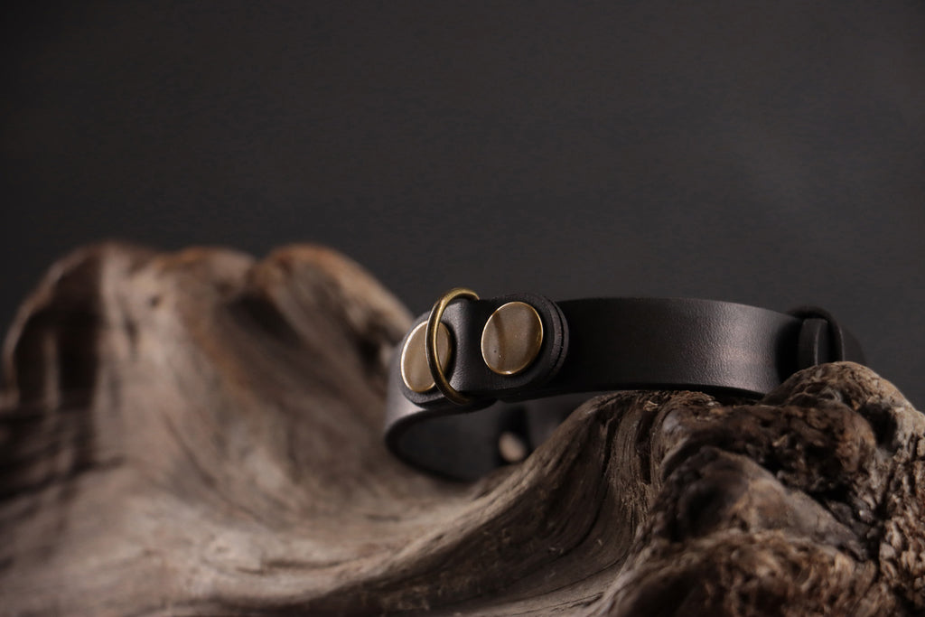 Close-up of antique bronze D-ring on black leather cat collar.