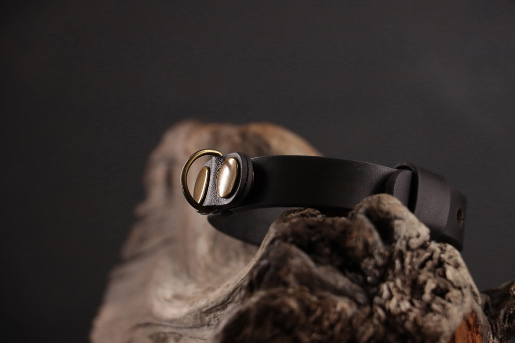 Close-up of antique bronze D-ring on black leather cat collar.